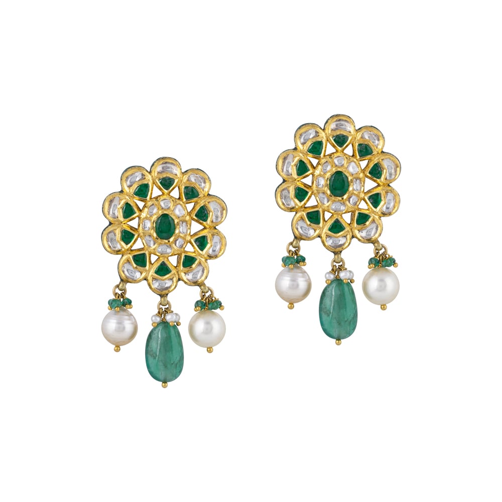 Floral Polki Earrings with Emerald Talaf & Pearl Drops
